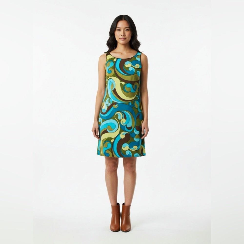 Sleeveless Swirl Print A-Line Dress in Teal and Olive